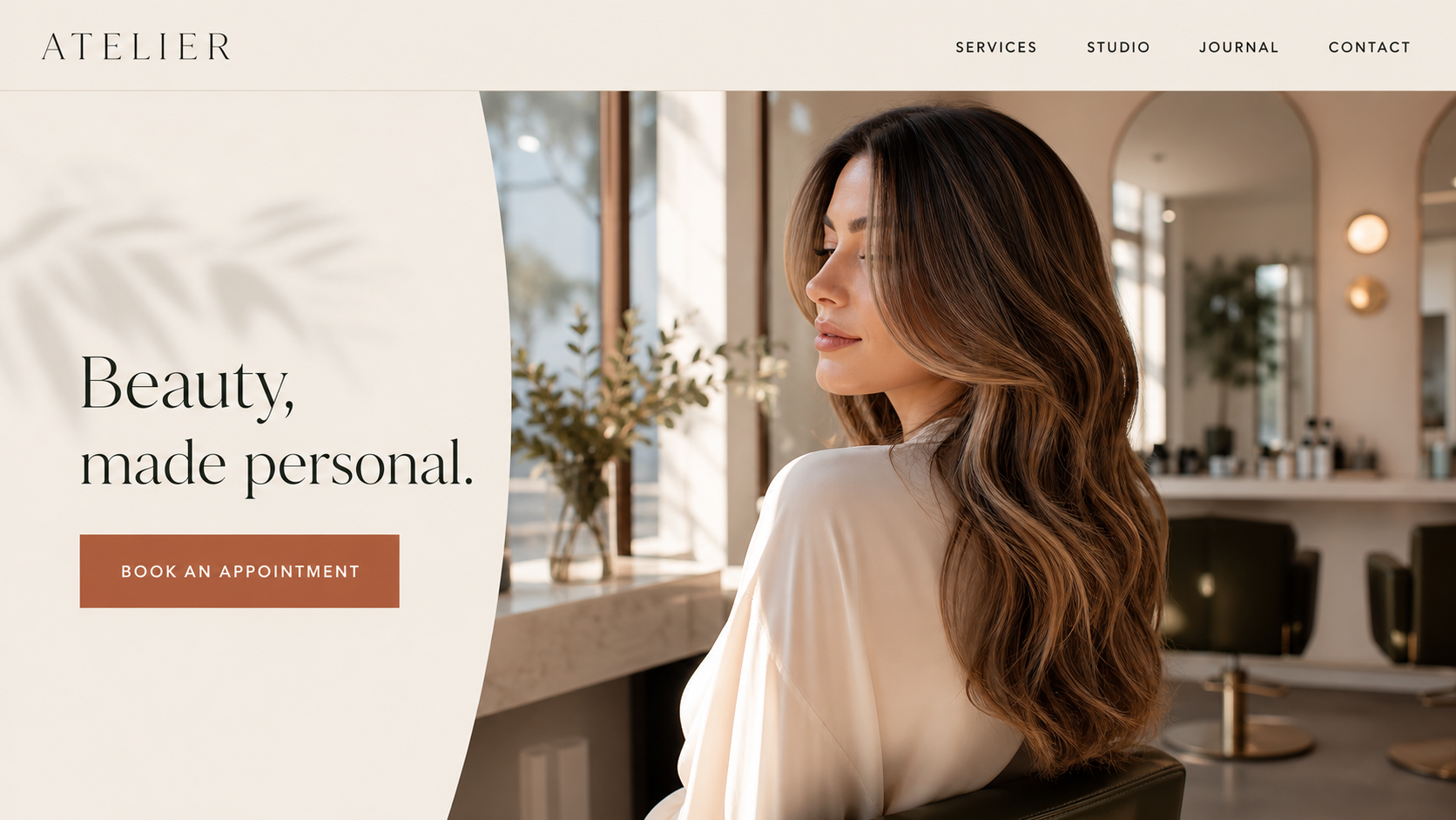 Homepage concept for Atelier, a boutique hair salon